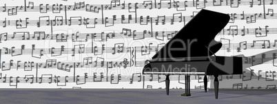 Musical notes around grand piano - 3D render