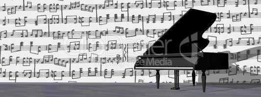 Musical notes around grand piano - 3D render