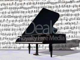 Musical notes around grand piano - 3D render