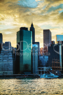 new york city skyscrapers at sunset