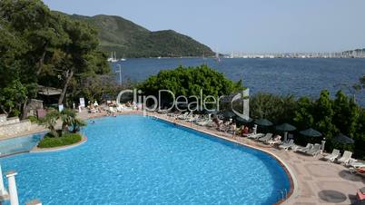 The swimming pool and view on yachts harbor, Marmaris, Turkey