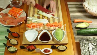 Chopping spring onion for Sushi roll