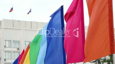 colorful flags against building