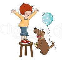 Funny boy celebrates his birthday with dog