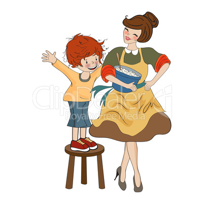 funny boy and his mother isolated on white backdround