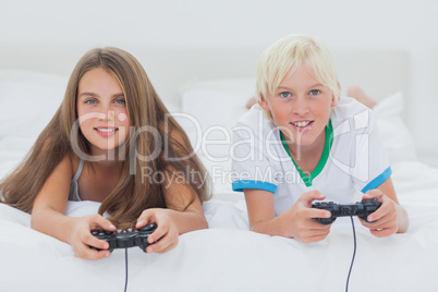 Portrait of siblings playing video games