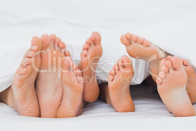 Feet of a family sticking out from the quilt