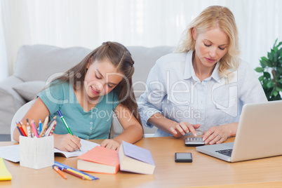 Woman using calculator at desk in living room