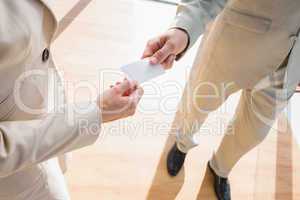 Businessman passing his card to businesswoman