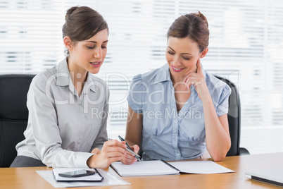 Happy businesswomen working together on documents