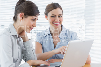 Two smiling  businesswomen working on laptop together