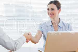 Businesswoman shaking hands with colleague