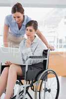 Disabled businesswoman looking at laptop with her colleague