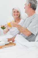 Mature couple clinking their orange juice glasses