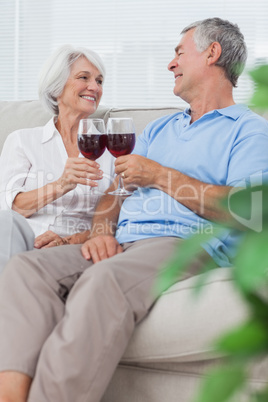Wife and husband clinking their glasses of red wine