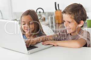 Siblings using a laptop together