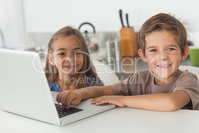 Cheerful siblings using a laptop together