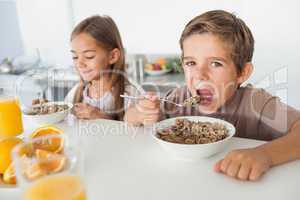 Boy eating cereal next to his sister