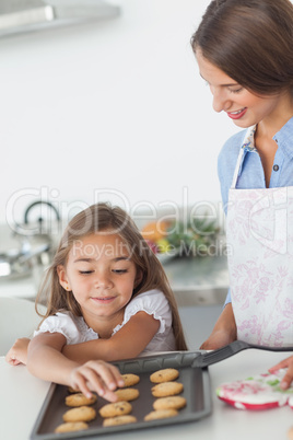 Little girl grabbing a cookie from a baking pan