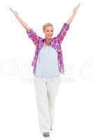 Blonde woman standing with hands up