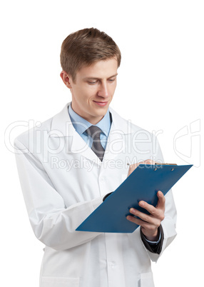 doctor in a white coat and with a clipboard