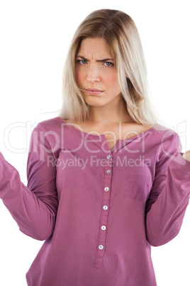 Concerned woman with hands raised