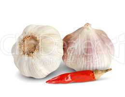 Garlic and red pepper on white background