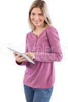Cheerful woman using tablet pc