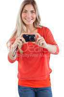 Blonde woman taking picture