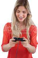 Woman holding video games joystick