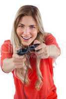 Young woman having fun with video games