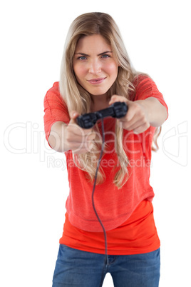 Concentrated woman playing video games