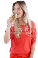 Young woman ready to drink white wine