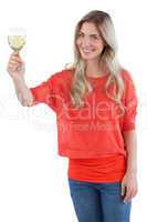 Smiling woman holding white wine glass