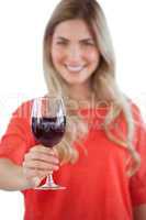 Young woman with red wine glass