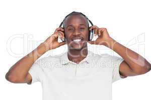 Happy man listening music