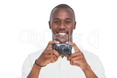 Happy man taking picture