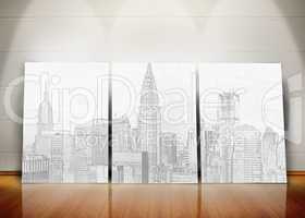 Three posters representing a big city standing in line