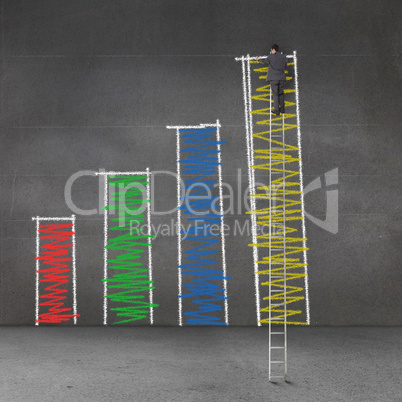 Businessman standing on a giant ladder and drawing bar chart