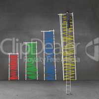 Businessman standing on a giant ladder and drawing bar chart