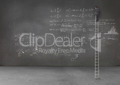 Businessman standing on a giant ladder and writing maths equatio