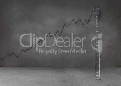 Businessman standing on a giant ladder and writing a black chart