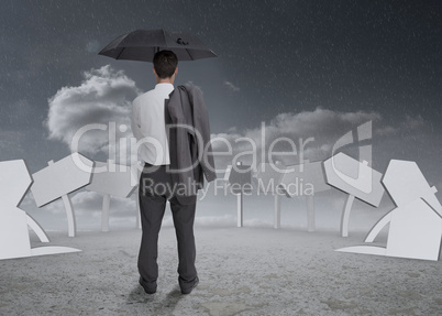 Thinking businessman holding his umbrella and jacket