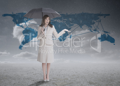 Businesswoman in front of blue map