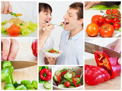 Collage of couple eating vegetables