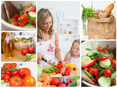 Collage of woman cutting vegetables with her daughter