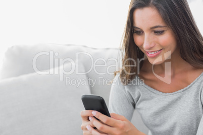 Woman text messaging while she is sat on a couch