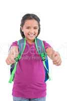 Little girl with book bag does thumbs up at camera