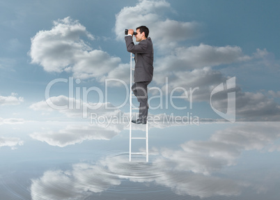 Elegant businessman standing on ladder with binoculars