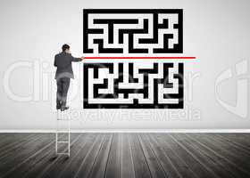 Businessman standing on a ladder drawing red line through qr cod